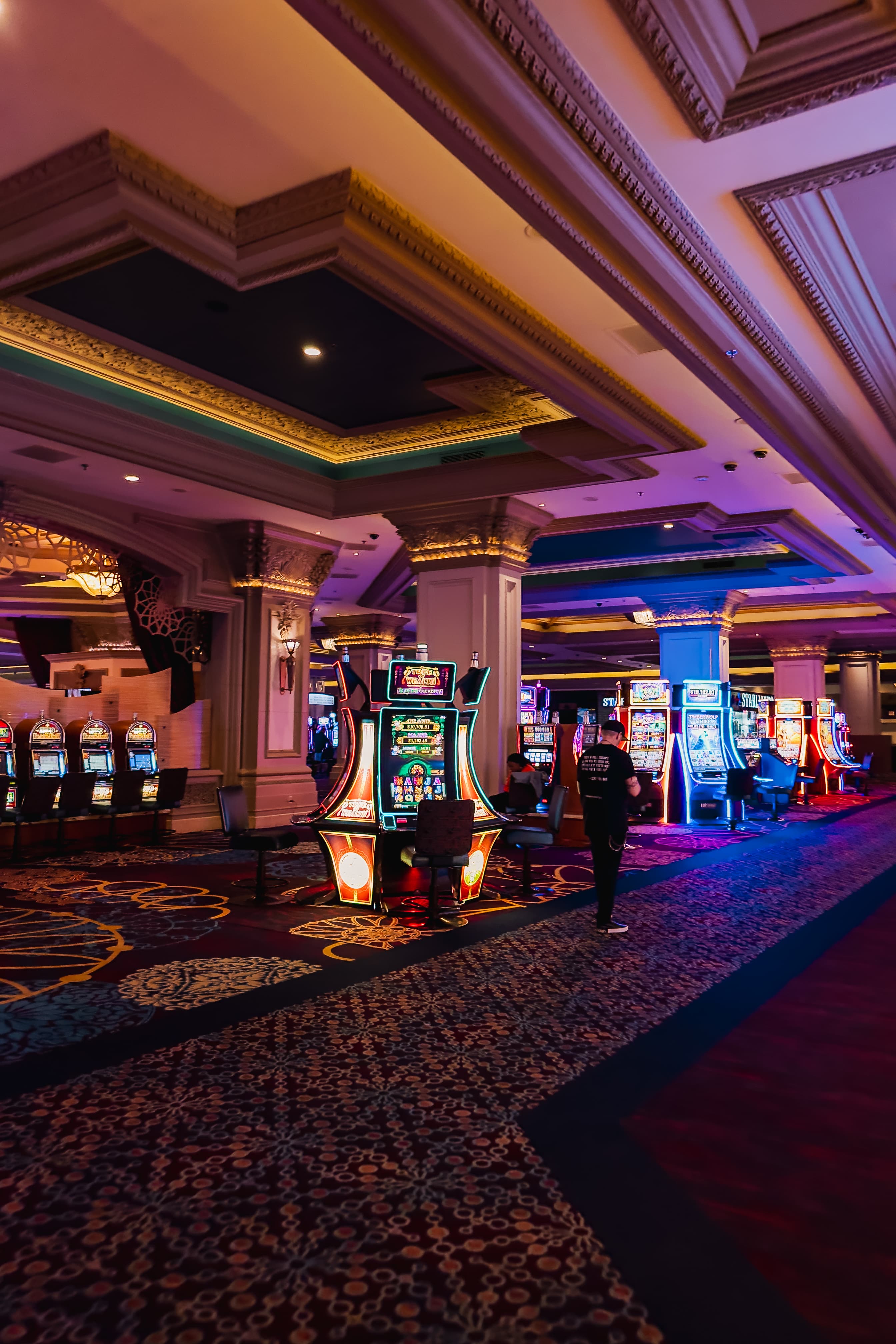 An opulent casino interior with slot machines, ornate columns and ceilings, and vibrant carpeting, conveying the lively atmosphere of a gaming floor.