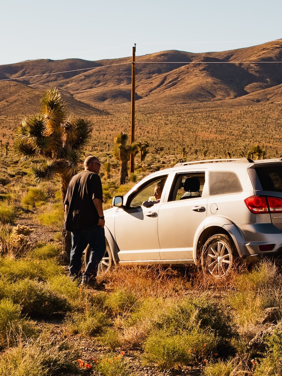 An man talks with the driver of the SUV in a desert environment with Joshua trees, with rolling hills stretching into the distance.