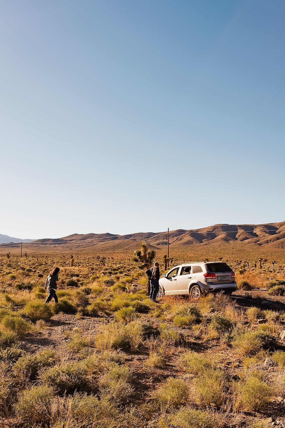 Two individuals, a man closest, a woman further out, approach the SUV in a desert landscape with Joshua trees and rolling hills in the background.