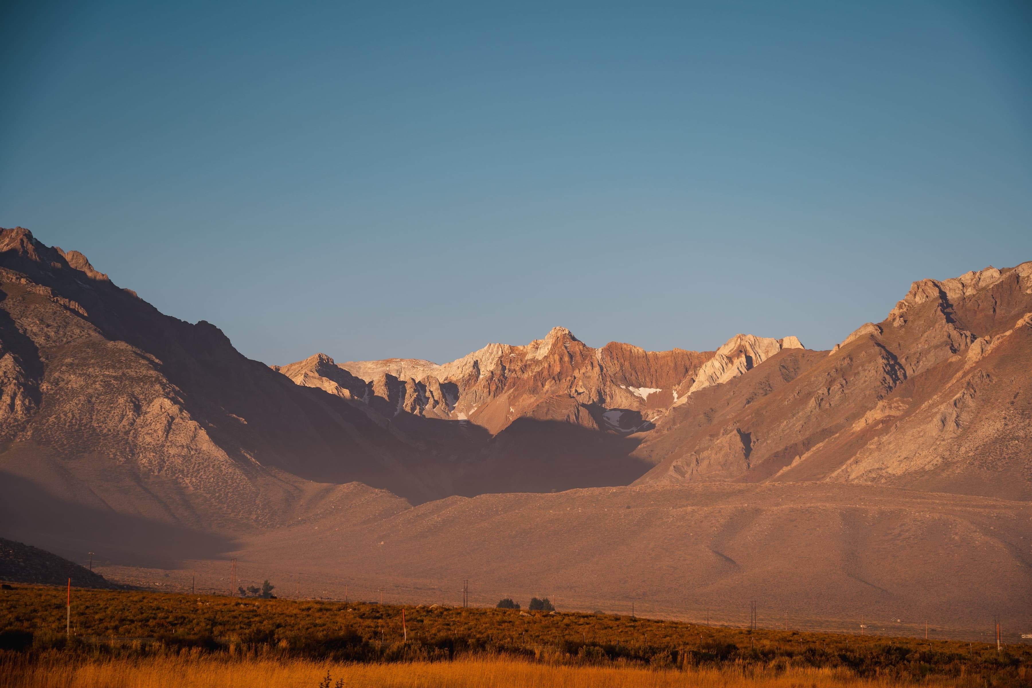 A clear view of a mountain range with peaks illuminated by the warm glow of the morning sun, with a field of tall grass in the foreground.
